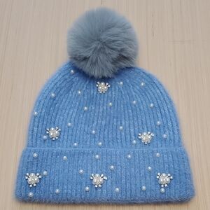 Elegant Blue Beanie with Pom Pom and Pearl Accents